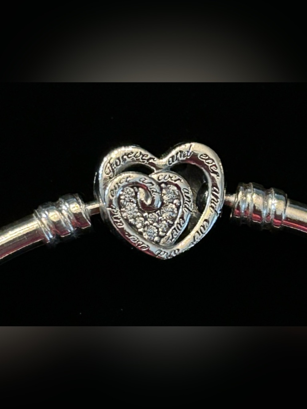 Pandora 925 Sterling Silver Heart Charm Bangle Bracelet with Crystal Accents